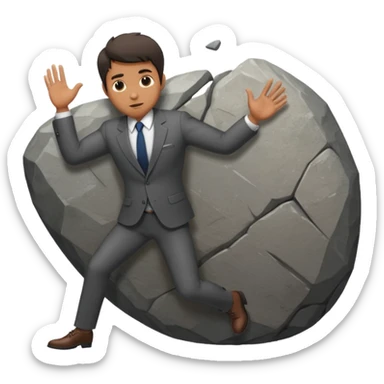 a man in a suit  pushing a huge rock sticker