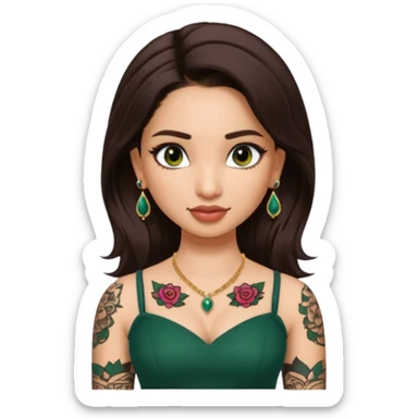 pretty bratz genmoji that looks like tamannah bhatia (bollywood actress), wearing a dark green sweetheart neckline top, dark brown hair, light makeup, no necklace, dangly earrings, side hair part, dark brown eyes, with full tattoos and neck tattoo big sticker