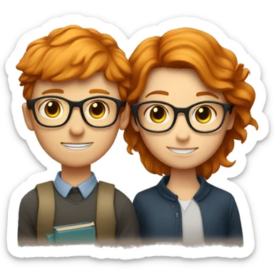 a ginger girl and a BRUNETTE boy, both with glasses. they have books in front of them, learn sticker
