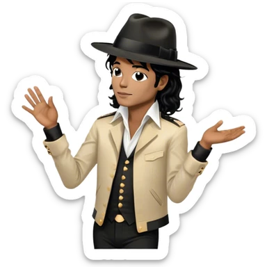 Icon for R&B Music: Michael Jackson in his iconic pose at the end of a song, head tilted, holding his black fedora with one hand. He stands in profile, embodying the smooth and soulful energy of R&B. Musical notes surround him. Transparent background. sticker