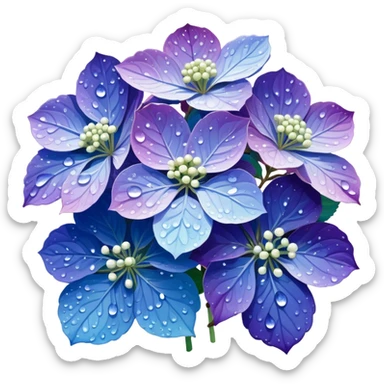 Japanese style hydrangea (ajisai) flower in ukiyo-e inspired design, delicate blue-purple gradient, elegant composition with raindrops, traditional Japanese aesthetic sticker