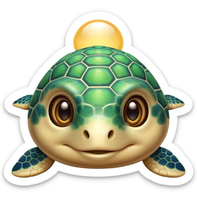 Cinematic Cute Sea Turtle Portrait Emoji, Head tilted playfully and inquisitively, featuring a charming, compact form with a beautifully patterned, domed shell and gentle, sparkling eyes full of oceanic wonder, Simplified yet irresistibly adorable features, highly detailed, glowing with a warm, friendly sea glow, high shine, affectionate and lively, stylized with a touch of whimsical marine charm, soft glowing outline, capturing the essence of a mischievous yet loving sea turtle that seems as if it could swim out of the screen into your arms! sticker