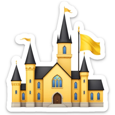 white background, magic school, black roof, with a big flag, big flag on a roof, big yellow flag, white school sticker