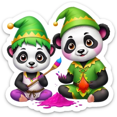 Panda and elf  playing holi sticker
