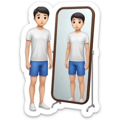 A young Asian guy is sadly examining his body in a full-length mirror. sticker