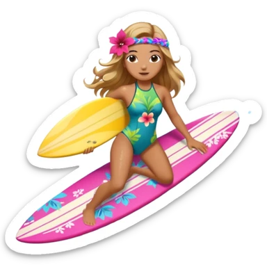 cute female surfer riding waves, hibiscus flower in hair, tropical swimsuit, colorful surfboard with Hawaiian patterns, water splash, 3D cartoon, mobile game icon style, clean background, no text sticker
