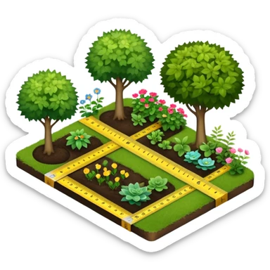 Icon for Landscape Design: a garden layout with plants, trees, paths, and design tools like a ruler, pencil and measuring tape. The icon should represent creativity in outdoor space planning and gardening. Transparent background. sticker