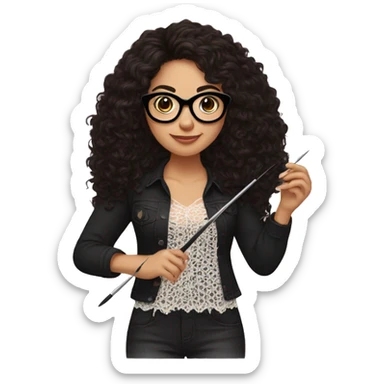 Hispanic woman with black glasses and long dark brown curly hair holding crochet needle and yarn wearing a black lace shirt sticker