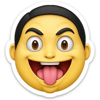 Freaky yellow face emoji smiling really big with huge tongue out and eyes wide open. Tongue should is wagging back and forth. Give him a full head of black hair sticker