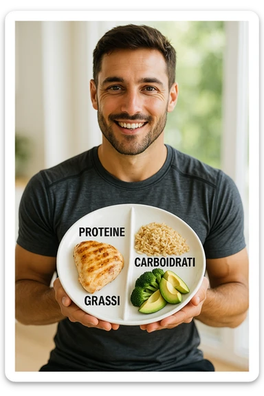 uomo che fa alimentazione attraverso i giusti macronutrienti. Scritte in ITALIANO immagine 4k realistica sticker