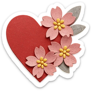 Make the silver accents and details extremely prominent and abundant on the heart with sakura, paper craft style, no background. sticker
