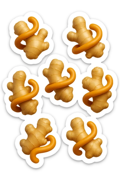 emoji stile iphone 3d di 6 piccoli pezzi di zenzero che fluttuano in aria con pezzi di colon arrotolati intorno, iperrealistico 4k sticker