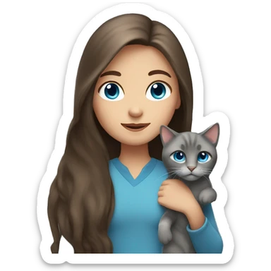 Girl with long brown hair and blue eyes holding a gray cat sticker