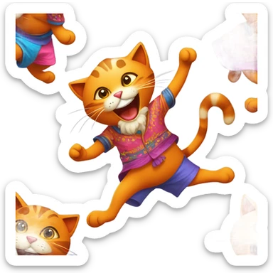 On a sunny afternoon, a cheerful cat dressed in vibrant, colorful clothing strolled through a bustling marketplace. The bright hues of its outfit caught the attention of passersby, making everyone smile. In its paws, the cat carefully carried a shiny orange, a perfect, ripe citrus fruit that seemed to glow in the sunlight. As it walked, the cat playfully danced to the rhythm of the lively music playing nearby, occasionally stopping to greet friendly faces and share a laugh. Write a story about this delightful cat's adventure in the marketplace, the reactions of the people it encounters, and the significance of the orange it carries. What surprises await the cat on this joyful day? sticker