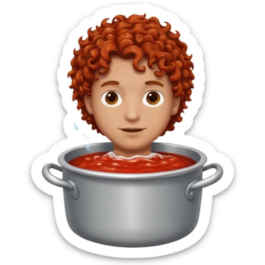 a white man with brown curly hair swimming in a pot of sauce sticker