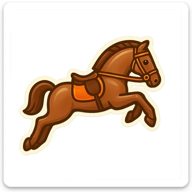 Create a cute emoji style illustration of a Hermès-style horse jumping with a classic equestrian look and Hermès orange accents. Show the horse from a different angle. Use a white or transparent background. sticker