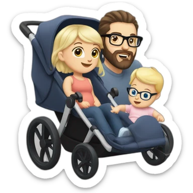 White man with Black hair,  beard and glasses pushing buggy with blonde baby sticker