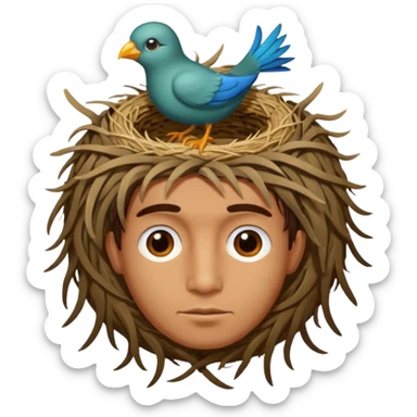 Man who has a birds nest on top of his head for hair sticker