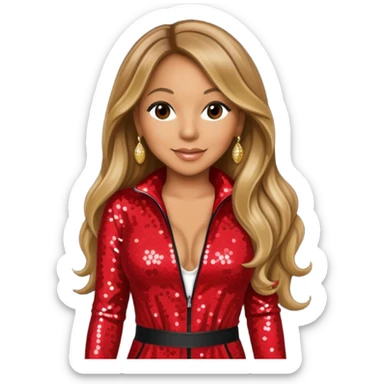 Mariah Carey with long dark blonde hair, red sequin jumpsuit sticker
