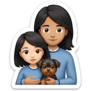 A couple holding holding a small Yorkshire Terrier together. The girl is an Asian girl with long, luscious wavy black hair (loose, no hair tie). She is standing beside a brown-skinned man with a short middle part haircut.  sticker