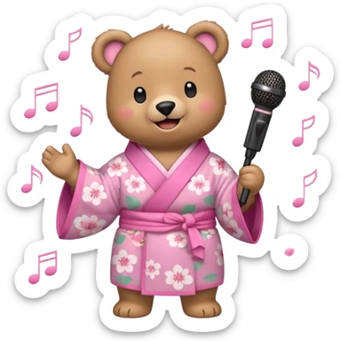 A cute light-brown bear wearing a pastel pink sakura-patterned kimono, normal balanced body ratio.  
Holding a microphone and singing happily, music notes floating around and a bright joyful smile.  
Kawaii emoji style, minimalistic clean sticker illustration, white background. sticker