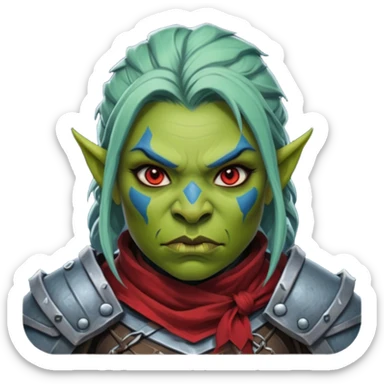 Fantasy Christmas orc legion soldier icon, iron tundra army theme, heavy winter armor, disciplined brutal look, dark icy steel armor with bold crimson cloth and markings, cold blue shadows, high contrast, clean emoji portrait style, female variant sticker