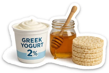 Yogurt Greco 2%
Miele
Gallette di Riso
vista frontale, iperrealistico 4k sticker