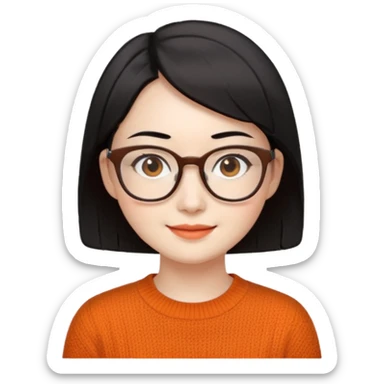 Korean 35-year-old female online marketer / white face / smiling expression / short hair / intellectual look / black hair / orange knit / brown glasses sticker