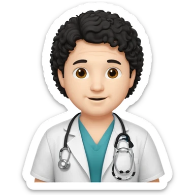 a young chubby male doctor with black long curly hair and cheerful face without gpasses sticker