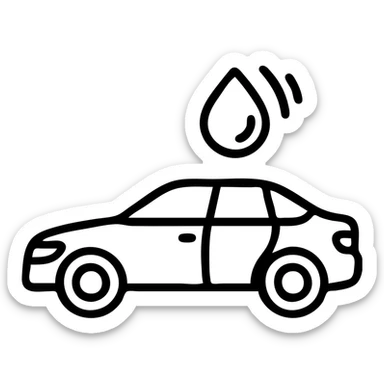 outlined icon of a full premium vehicle with glossy black paint, strong mirror-like shine and reflections, water droplet sliding on the hood or roof, clean lines, subtle repellent effect, modern and simple sticker