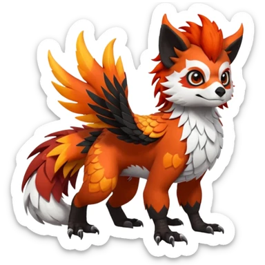 4-legged scaly Gryphon-Talonflame-Red-Panda-Silvally-fusion-hybrid-animal-Fakémon-creature, full body, with a tufted tail sticker