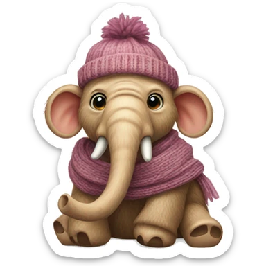 a baby mammoth in a small knitted hat and a narrow knitted scarf sticker