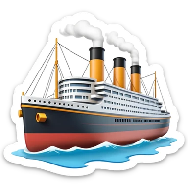 A miniature 3D Titanic ship emoji in Apple style, small and compact with smooth glossy surface, bright clean colors, simplified but recognizable details like smokestacks and windows, no facial features, floating on calm ocean, soft shadows, high-quality render, isolated on white background.



 sticker