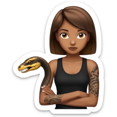 Femme brune yeux marron avec une coupe carré noir qui descend sur l'épaule , femme couleur de peau typé, avec un cobra a côté , débardeur noir , avec un tatouage sur le bras droit sticker