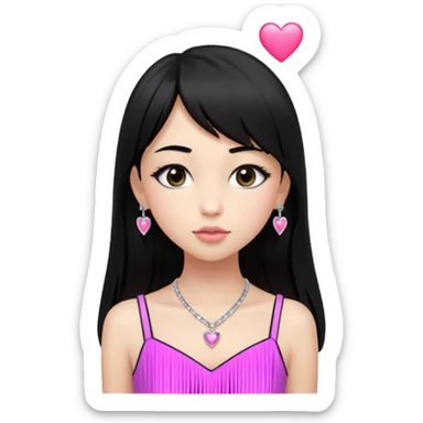 Cabelos pretos longos lisos ,com franja curvada .olhos pretos puxadinho para cima. Cílios longos curvados. Pele clara ,nariz pequeno ,lábios carnudos ,adolescente 16 anos ,vestido rosa de alça, colar de coração prata ,brinco de diamante sticker