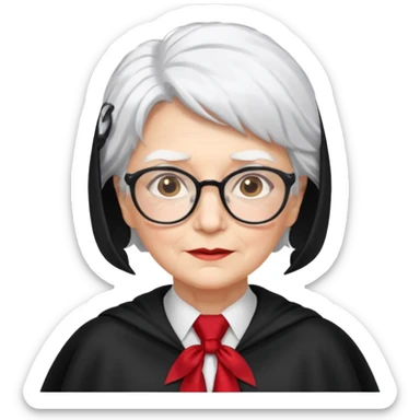 An older woman with glasses and white hair, in a red tie and black cape sticker
