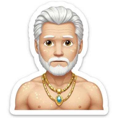 Odin with white hair, white sequin loincloth, shirtless with necklace sticker