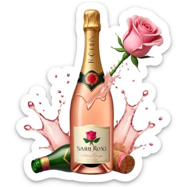 bottle of sparkling rosé champagne with a rose logo on the label, with the cork exploding out from the top, tilted up and to the left, no glass sticker