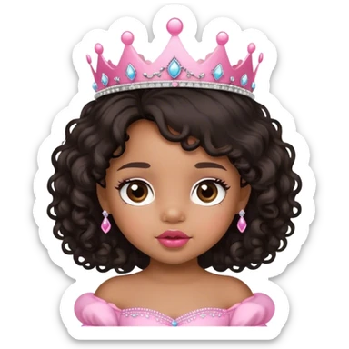 princess, medium brown skin tone, very adorable toddler, with big plump lips, long long lashes, black curly long hair, brown eyes, pink tiara sticker