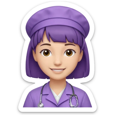 A young female slim nurse with short Brown hair with fringe over her forehead, wearing larvendar purple working cloth sticker