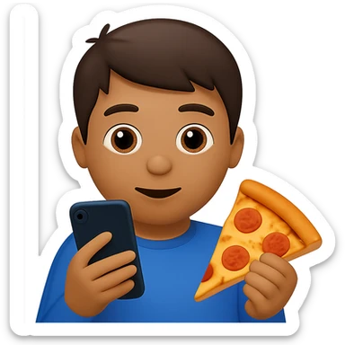 Change the food to pizza, keep the boy watching videos on his phone, emoji style, with no background. The style should resemble apple style emojis. sticker
