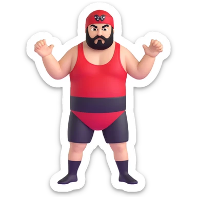 White skin fat guy with prominent black durag, short black beard and mustache, black eyes in a red and black wrestling singlet with angry face sticker