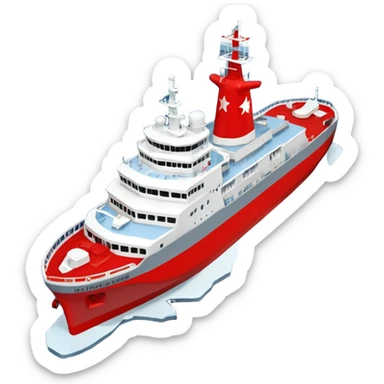 Realistic 3D icon of icebreaker "Kapitan Krutov" (grey hull, red star, white superstructure, "РОСМОРПОРТ" lettering). Soft winter lighting, 3/4 aerial view. Fractured blue ice, white background. High detail, photorealistic GSON style. sticker