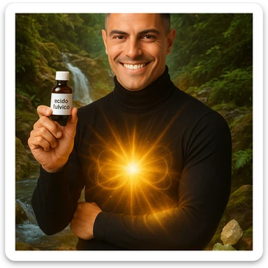 Uomo con il viso del riferimento, tiene una boccetta 'acido fulvico', energia luminosa su addome, ambiente naturale, elementi di purificazione come acqua e minerali, atmosfera benessere, testo in italiano. sticker