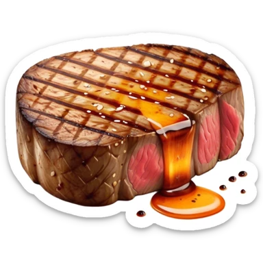 Cinematic thick-cut scotch fillet steak, perfectly seared with grill marks, a grilled center, rich and savory, warm glow, sizzling and mouthwatering, highly detailed and appetizing. sticker