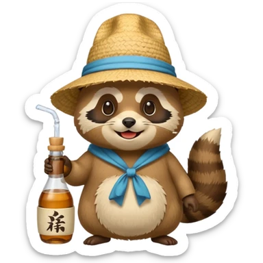 japanese tanuki with straw hat and sake bottle sticker
