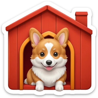 a corgi dog resembling the real Apple emoji dog peeking out of a red dog house sticker