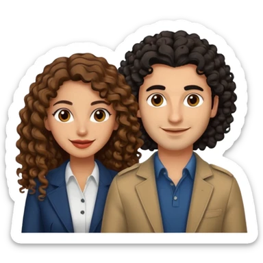 A Lebanese women with long brown hair and an Italian man with curly black hair looking at the camera smiling wearing nice modern but stylish clothing sticker