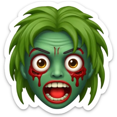 emoji de zumbi estilo WhatsApp, cabeça verde, cabelo cacheado vermelho volumoso, olhos brancos brilhando, expressão divertida e assustadora, cartoon, linhas limpas, fundo transparente, qualidade alta sticker