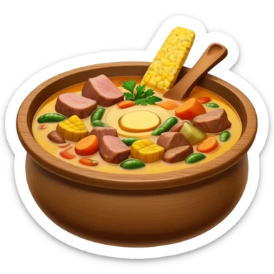 Cinematic Realistic Sancocho Soup Dish Emoji, featuring a rich, hearty stew with diverse meats and vegetables rendered with lifelike detail and warm, comforting lighting. sticker